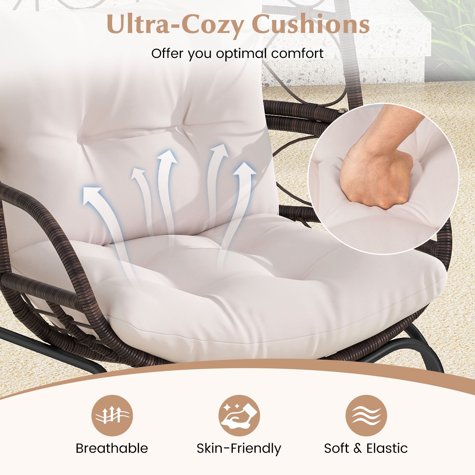 Patio Wicker Egg Chair Outdoor Rattan Lounge Basket with Seat and Back Cushions-Brown
