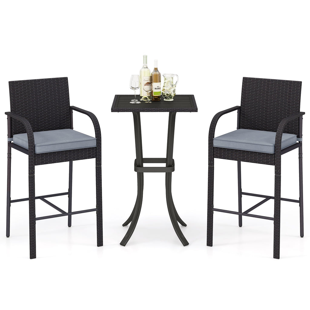 3-Piece Patio Wicker Rattan Bar Height Chairs and Square Table Set-Black
