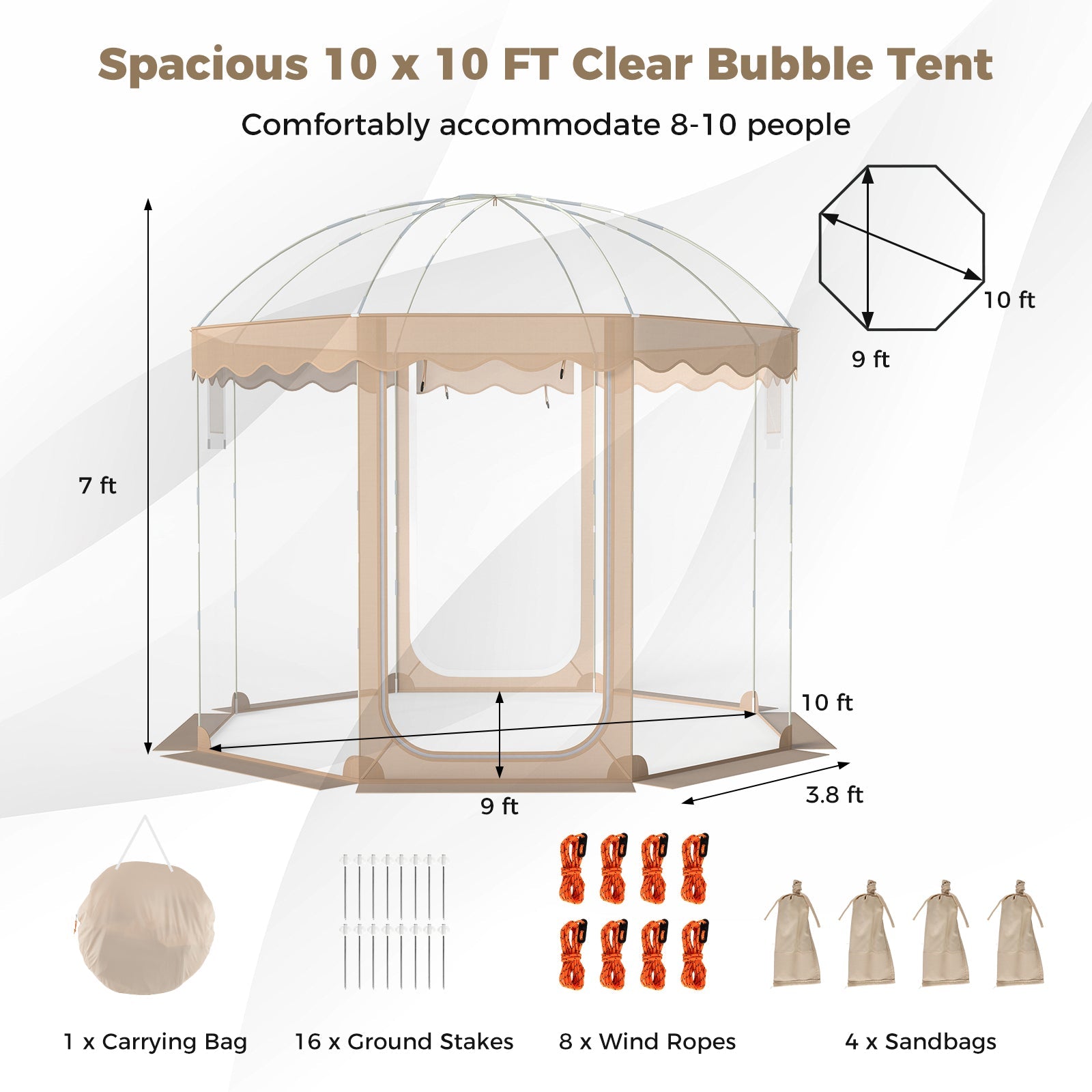 Pop Up Bubble Tent 10x10 FT for 8-10 People Weatherproof Pod with 540¬∞ Panoramic Clear PVC