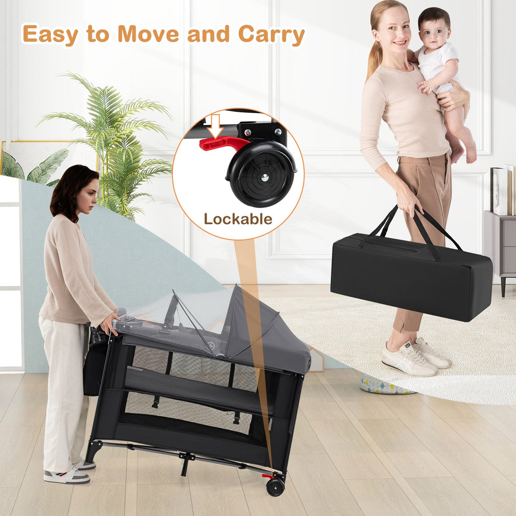 Foldable Baby Bassinet with 4 Adjustable Heights Changing Table and Mattress