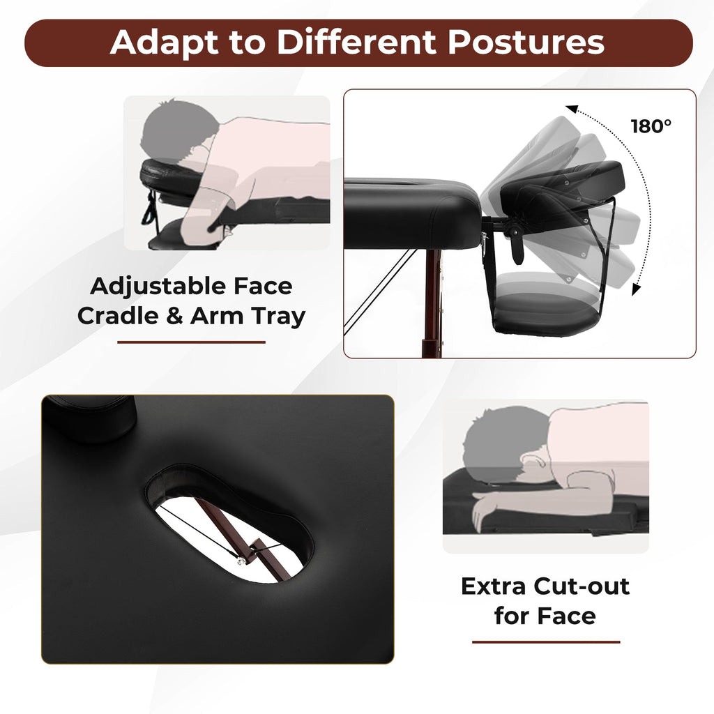 Folding Massage Table with Height-adjustable Beech Wood Frame-Black