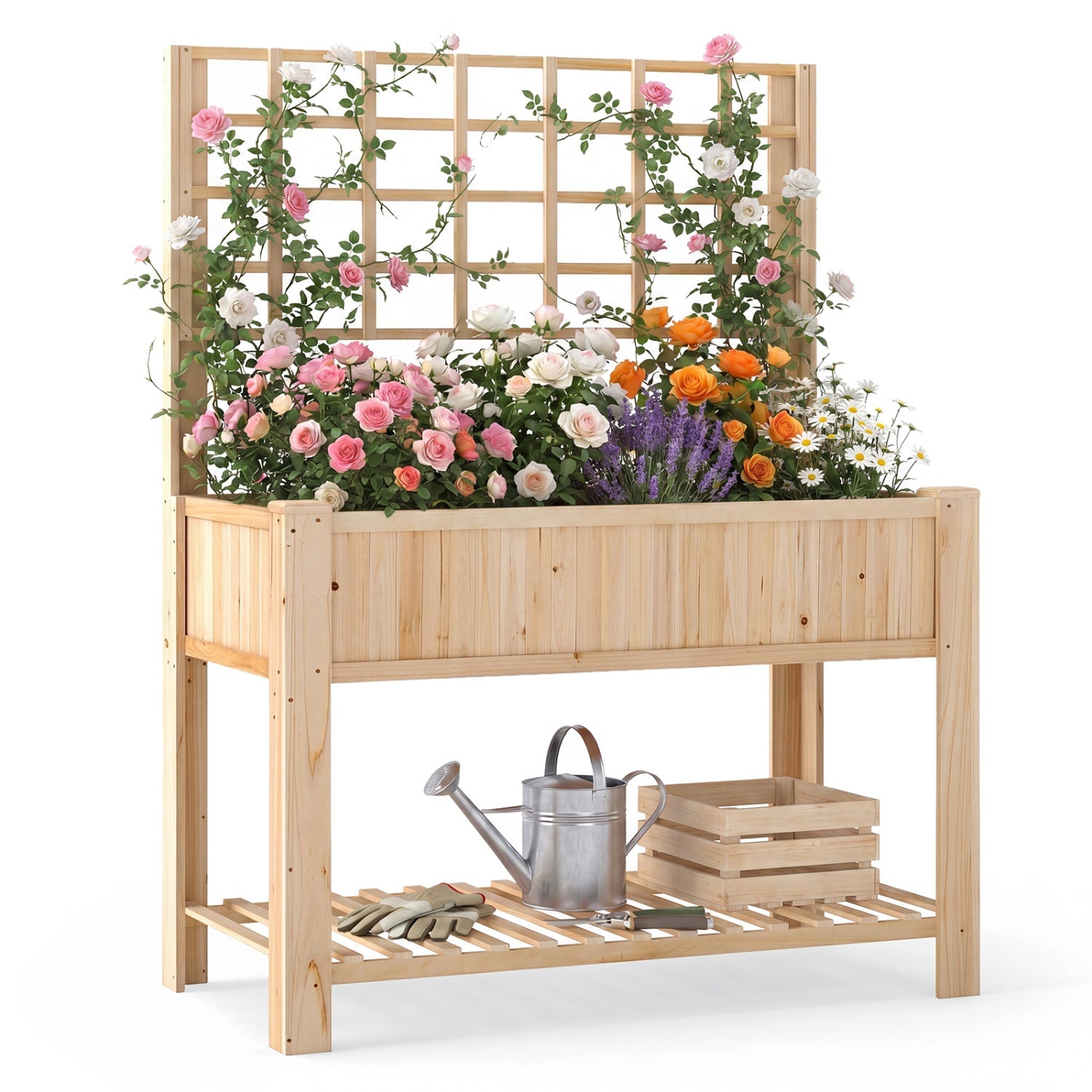 Raised Garden Bed with Trellis Wooden Elevated Planter Box with Legs