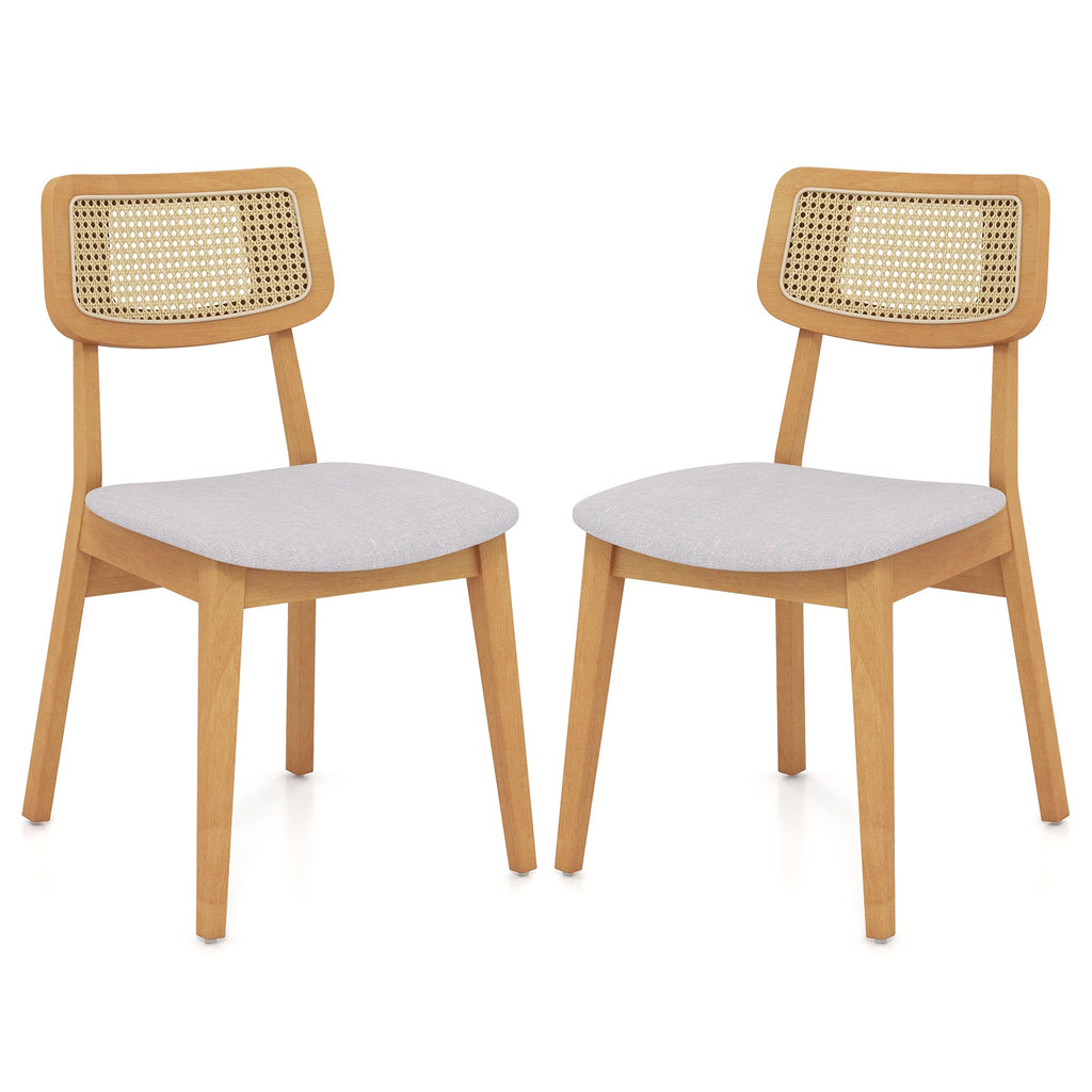 Rattan Dining Chair Set of 2 with Can Back and Rubber Wood Frame-Natural