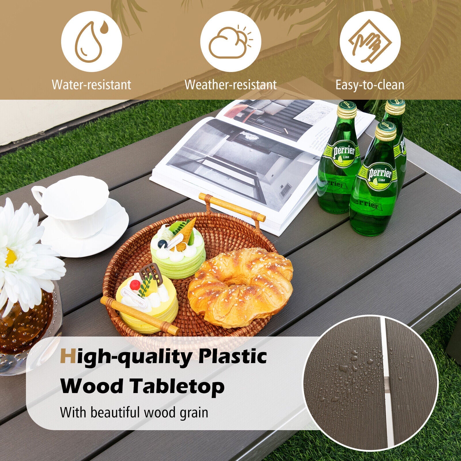 Modern Rectangular Patio Coffee Table with Plastic Wood Tabletop and Rustproof Aluminum Frame-Gray