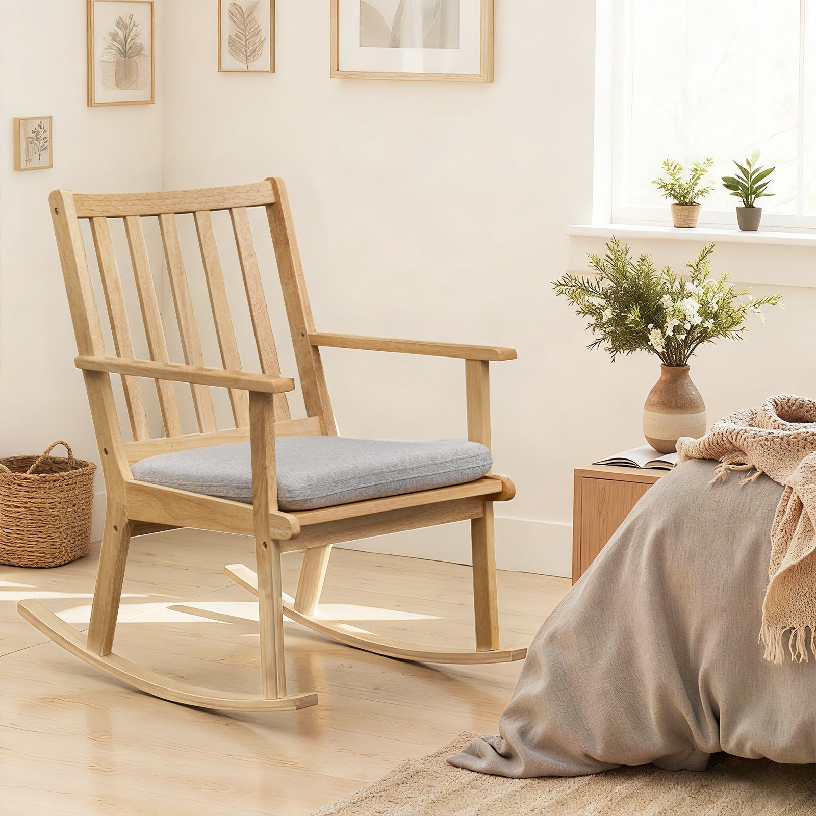 Rocking Chair with Cushion Solid Rubber Wood Rocker with Padded Seat-Natural