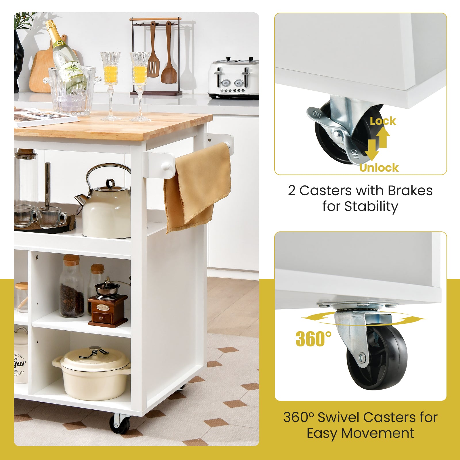 Kitchen Island Trolley Cart on Wheels with Storage Open Shelves and Drawer-White