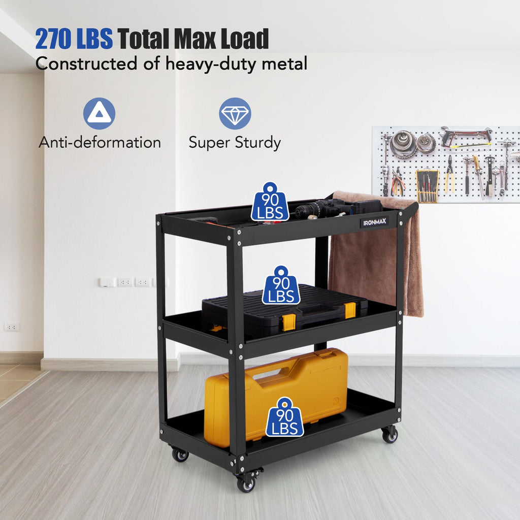 3-Tier Rolling Tool Cart with Spacious Shelves 4 Universal Wheels and 2 Brakes