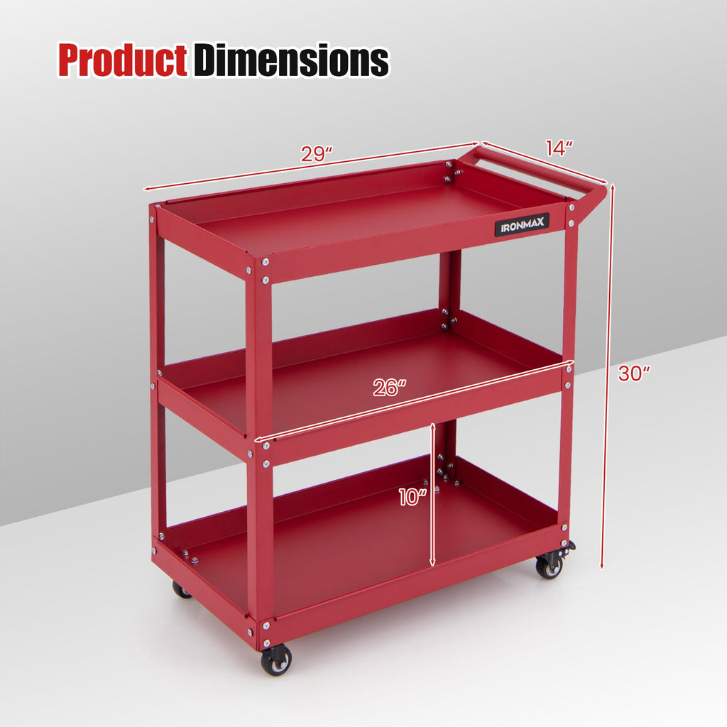 3-Tier Rolling Tool Cart with Spacious Shelves 4 Universal Wheels and 2 Brakes