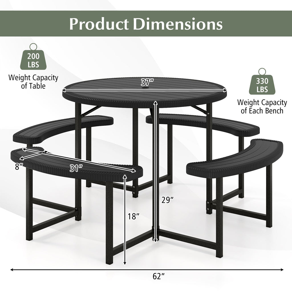 Round Picnic Table Bench Set with 4 Benches and Umbrella Hole for Patio Lawn