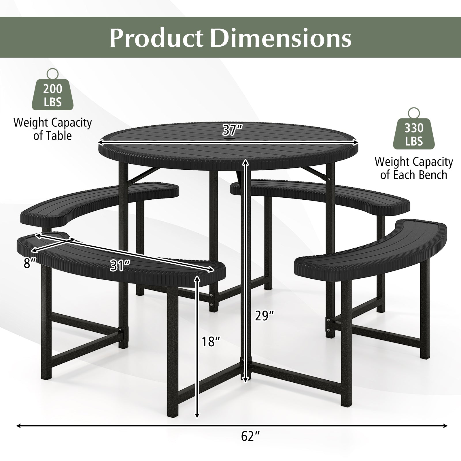 Round Picnic Table Bench Set with 4 Benches and Umbrella Hole for Patio Lawn