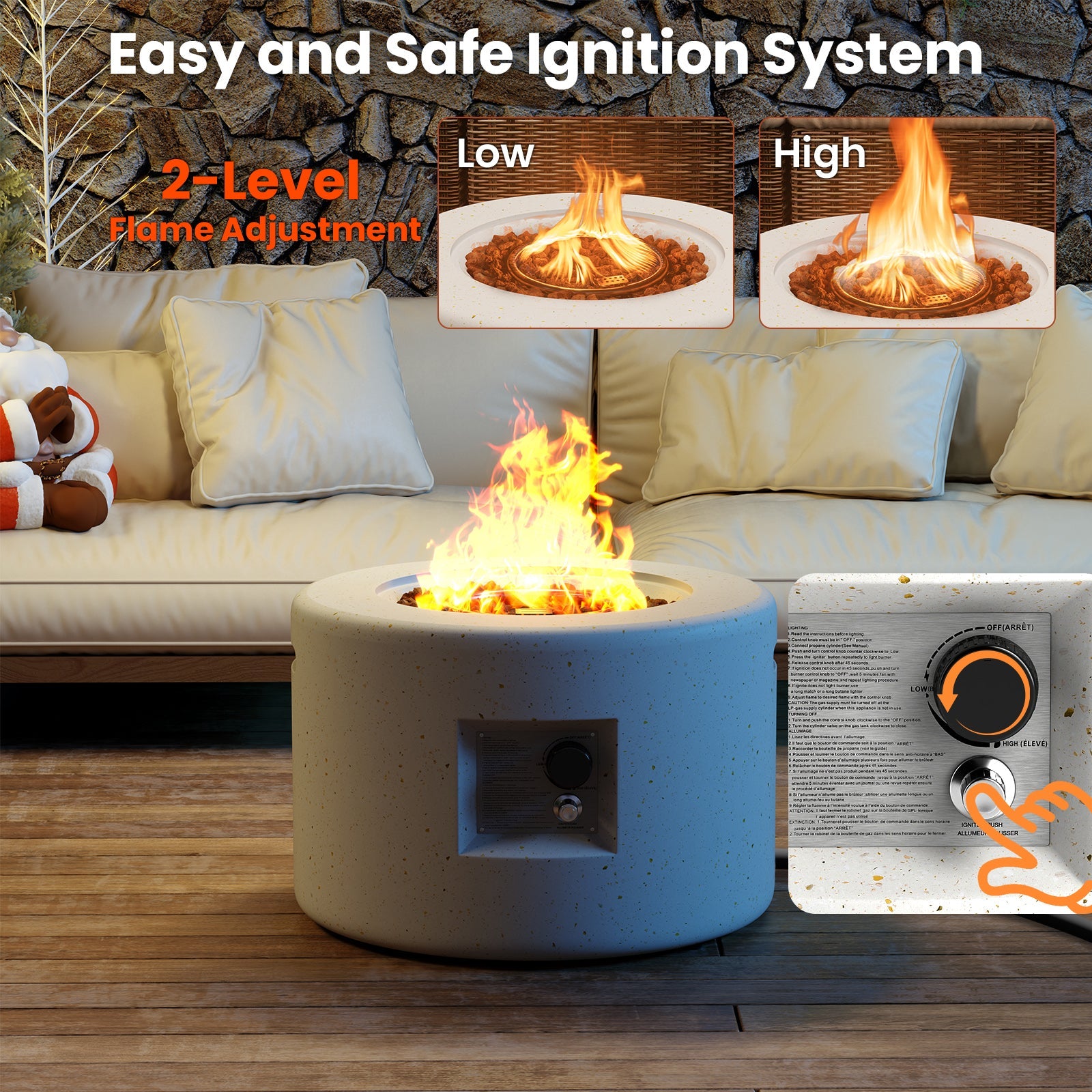 Round Terrazzo Propane Gas Fire Pit with Hideaway Tank Holder and Lava Rocks
