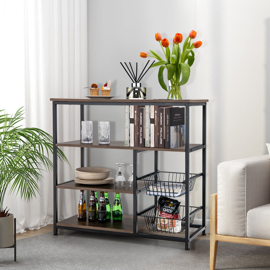 4-Tier Industrial Kitchen Baker's Rack with 2 Wire Baskets-Rustic Brown