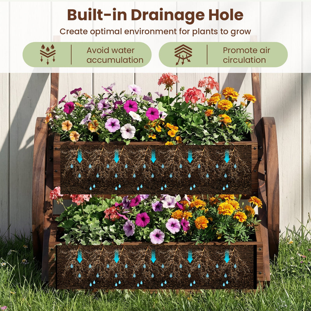 Rustic Wood Wagon Planter 2-Tier Versatile Raised Garden Bed with Wheels-Brown