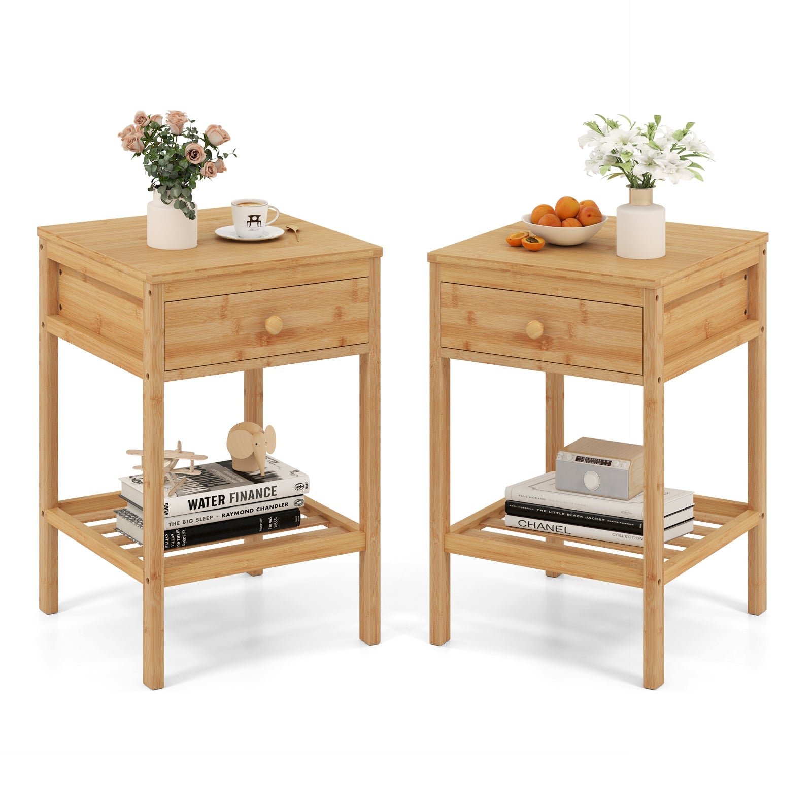 Set of 1/2 Bamboo Nightstand Bedside Table with Storage Drawer and Open Shelf