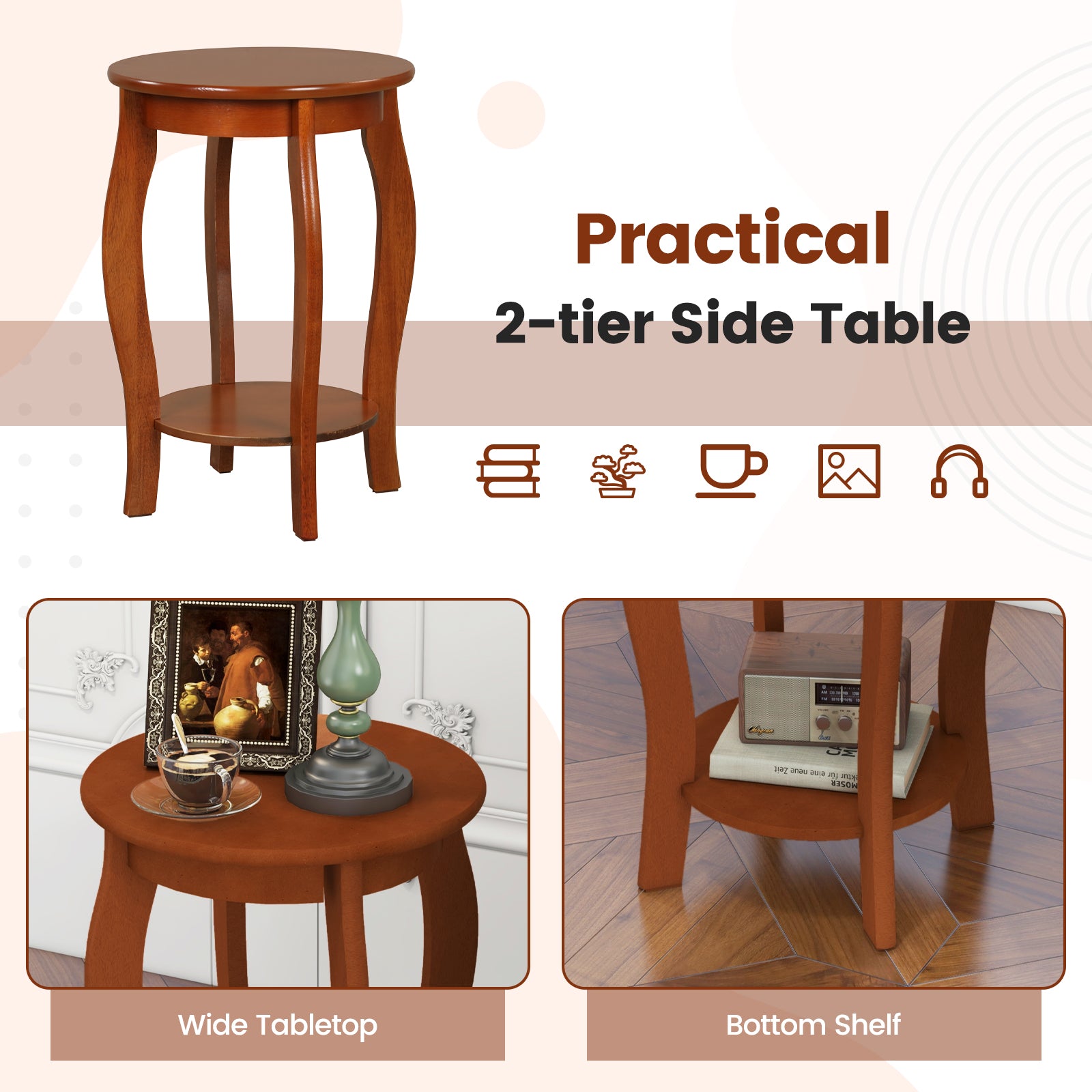 Set of 2 15 Inch 2-Tier Round End Table with Storage Shelf