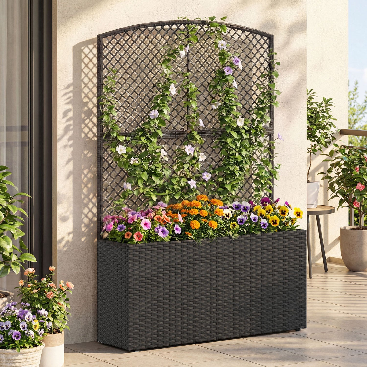 Set of 2 58 Inch Raised Garden Bed with Trellis and Wicker Planter Box