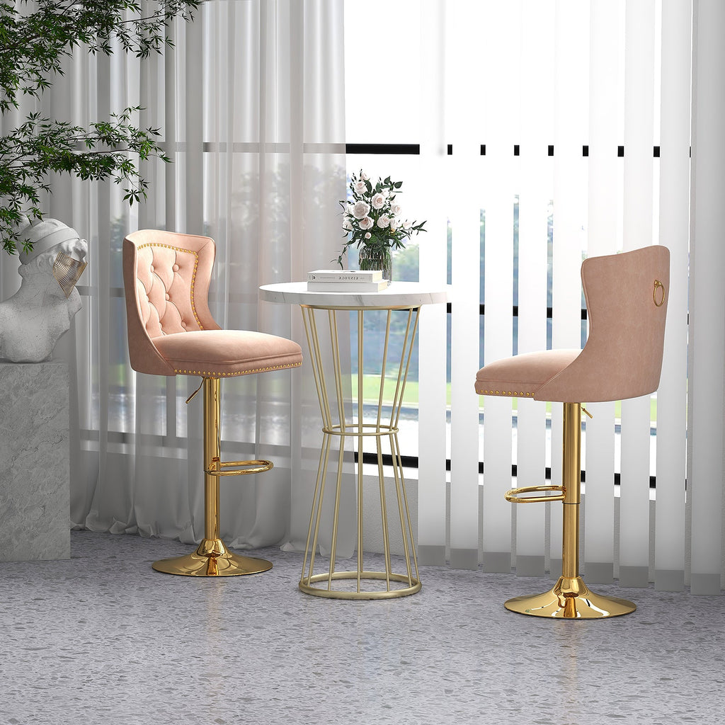 Set of 2 Bar Chairs with Footrest Electroplated Metal Base and Anti-Slip Ring