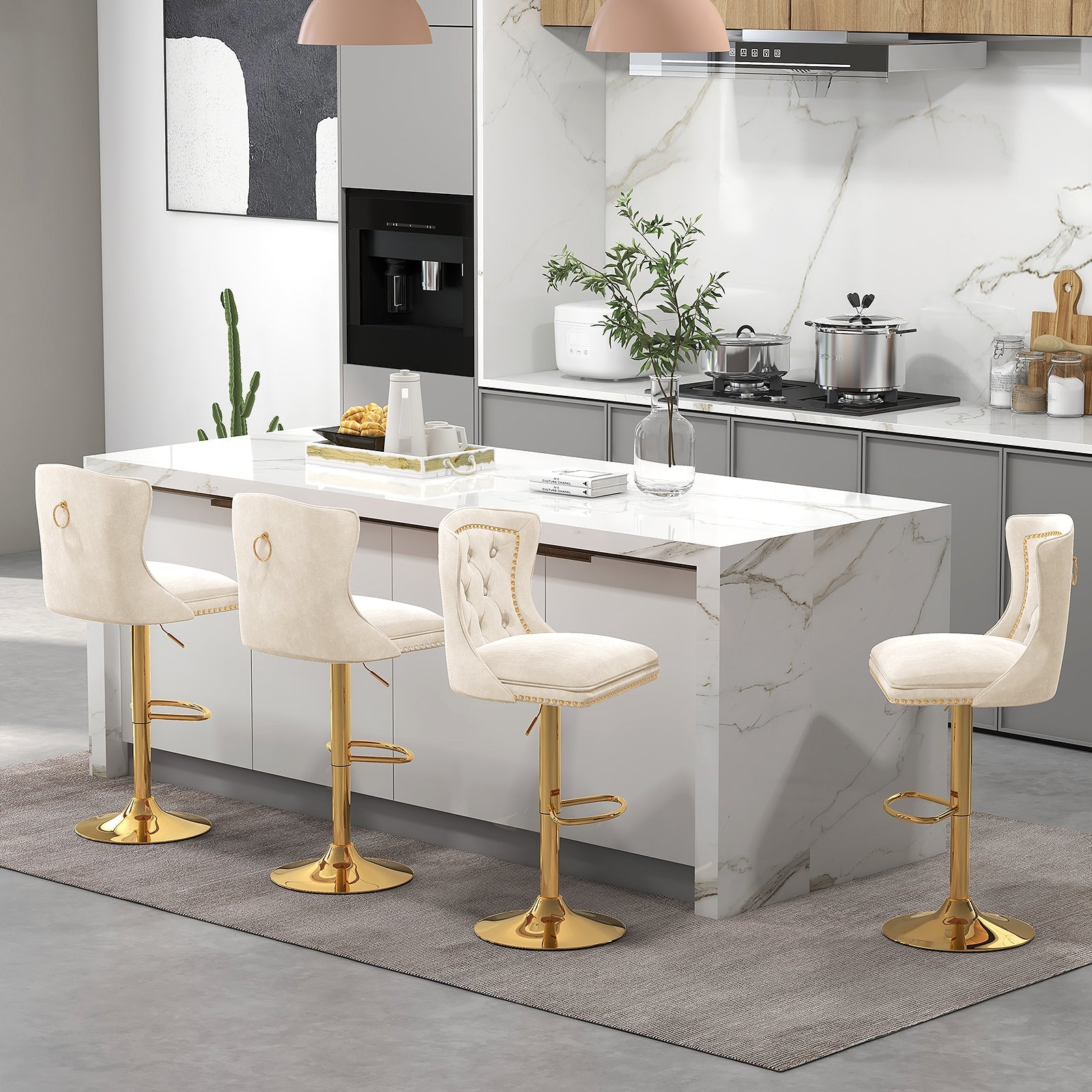 Set of 2 Bar Chairs with Footrest Electroplated Metal Base and Anti-Slip Ring