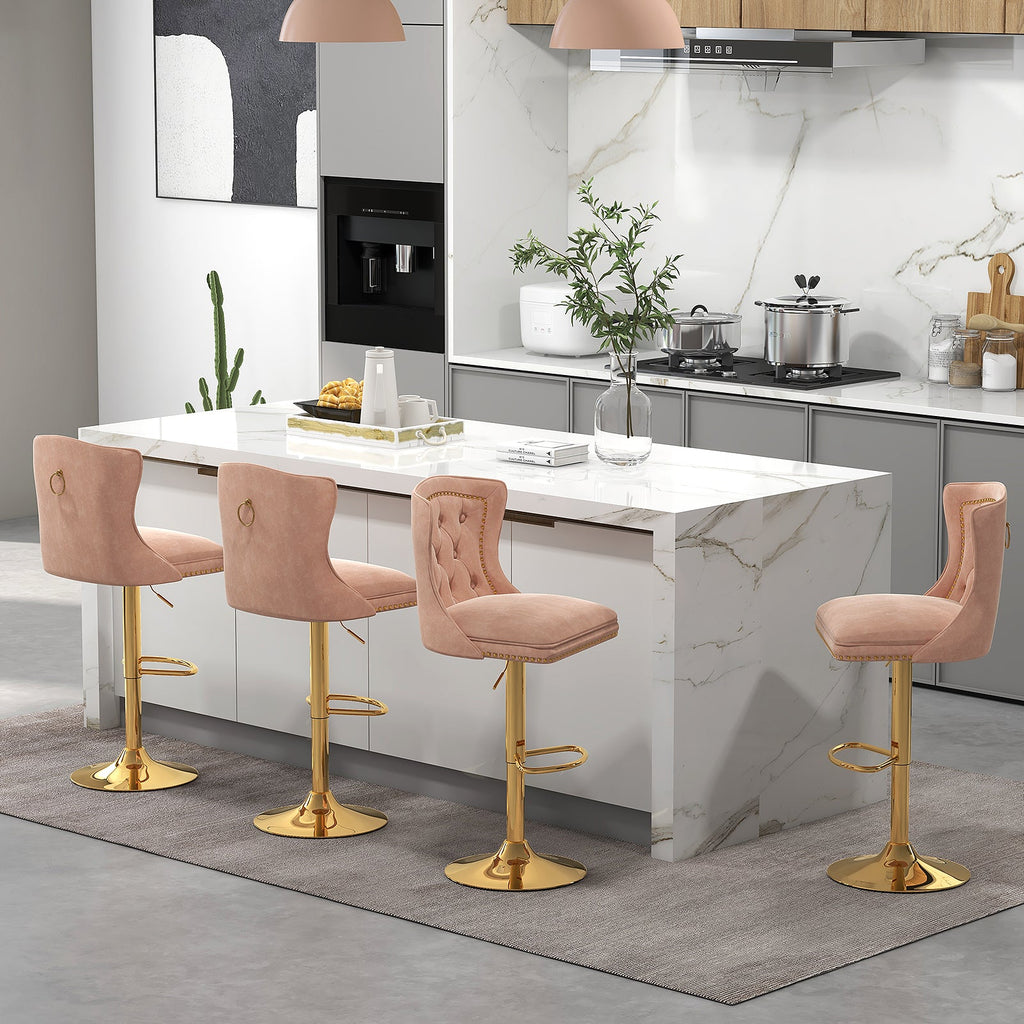 Set of 2 Bar Chairs with Footrest Electroplated Metal Base and Anti-Slip Ring