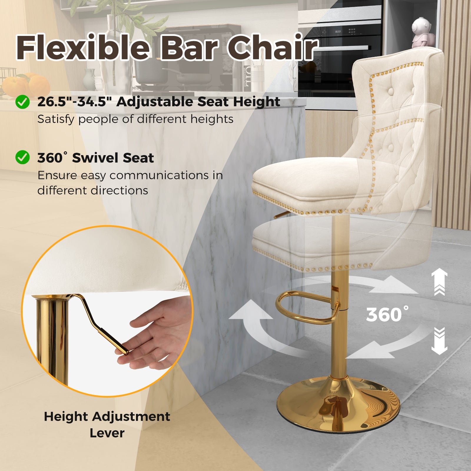 Set of 2 Bar Chairs with Footrest Electroplated Metal Base and Anti-Slip Ring
