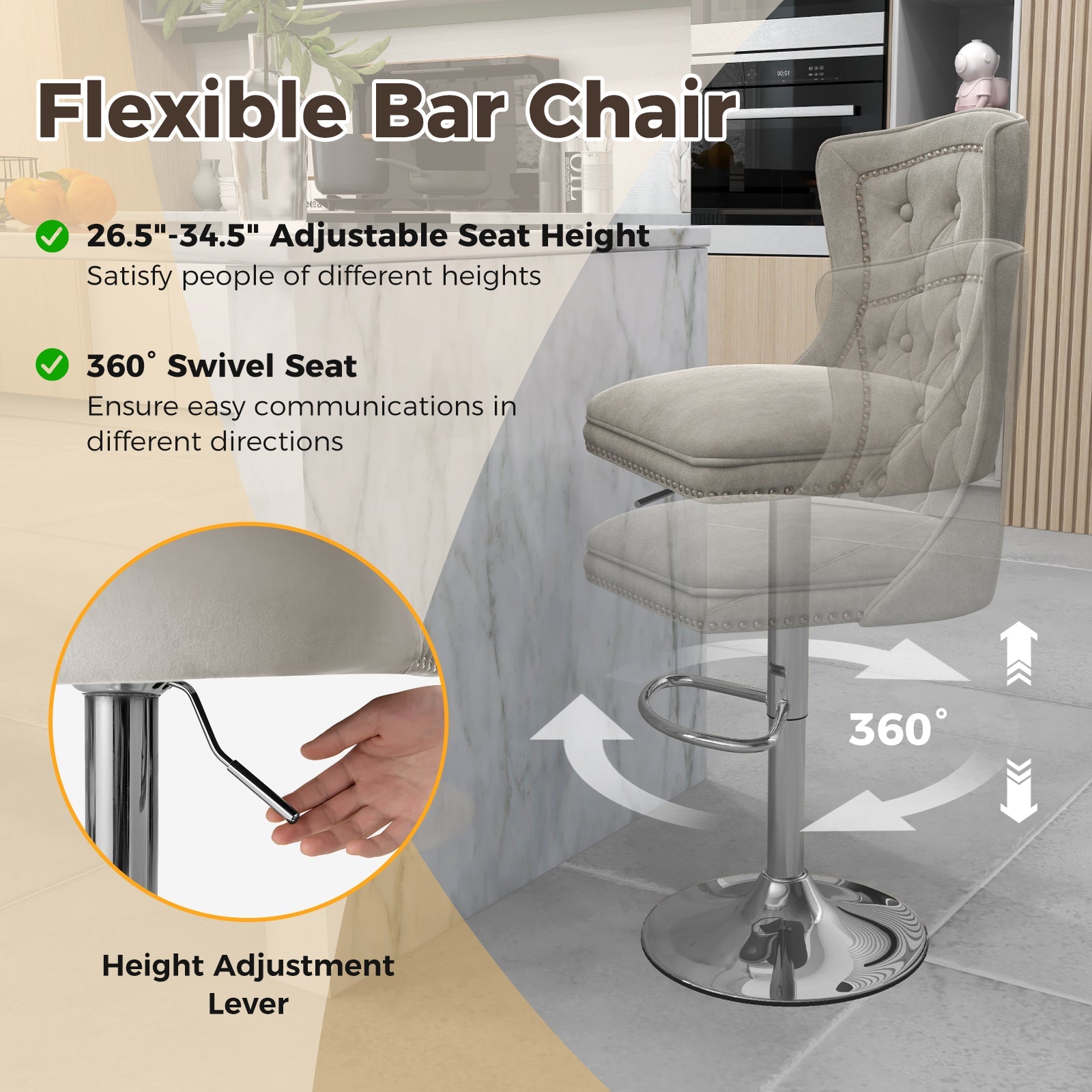 Set of 2 Bar Chairs with Footrest Electroplated Metal Base and Anti-Slip Ring