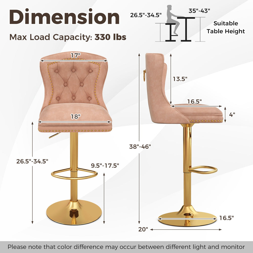 Set of 2 Bar Chairs with Footrest Electroplated Metal Base and Anti-Slip Ring