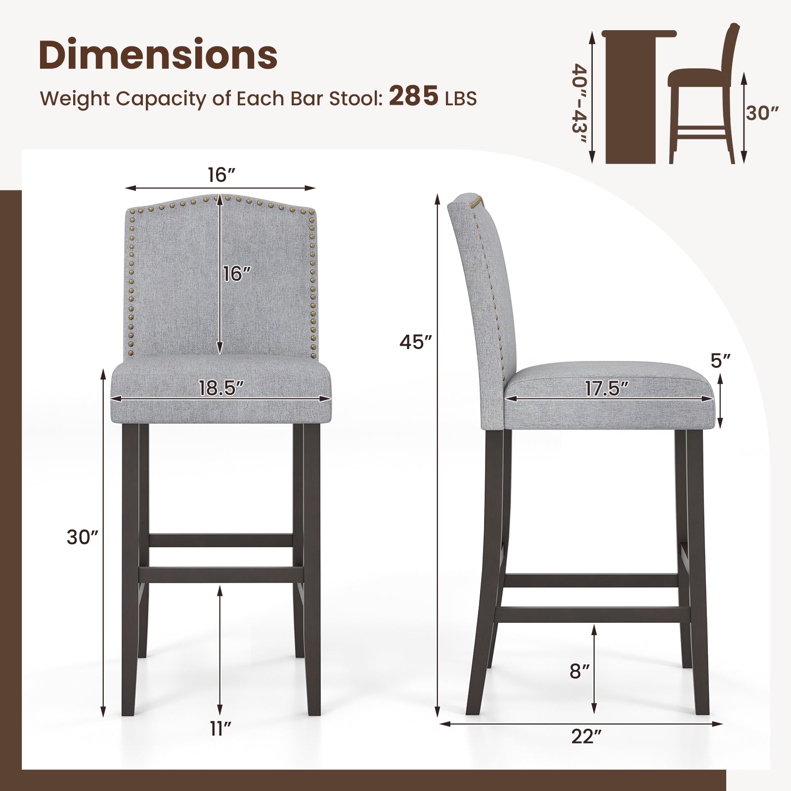 Set of 2 Bar Height Dining Side Barstools with Thick Cushion-Gray