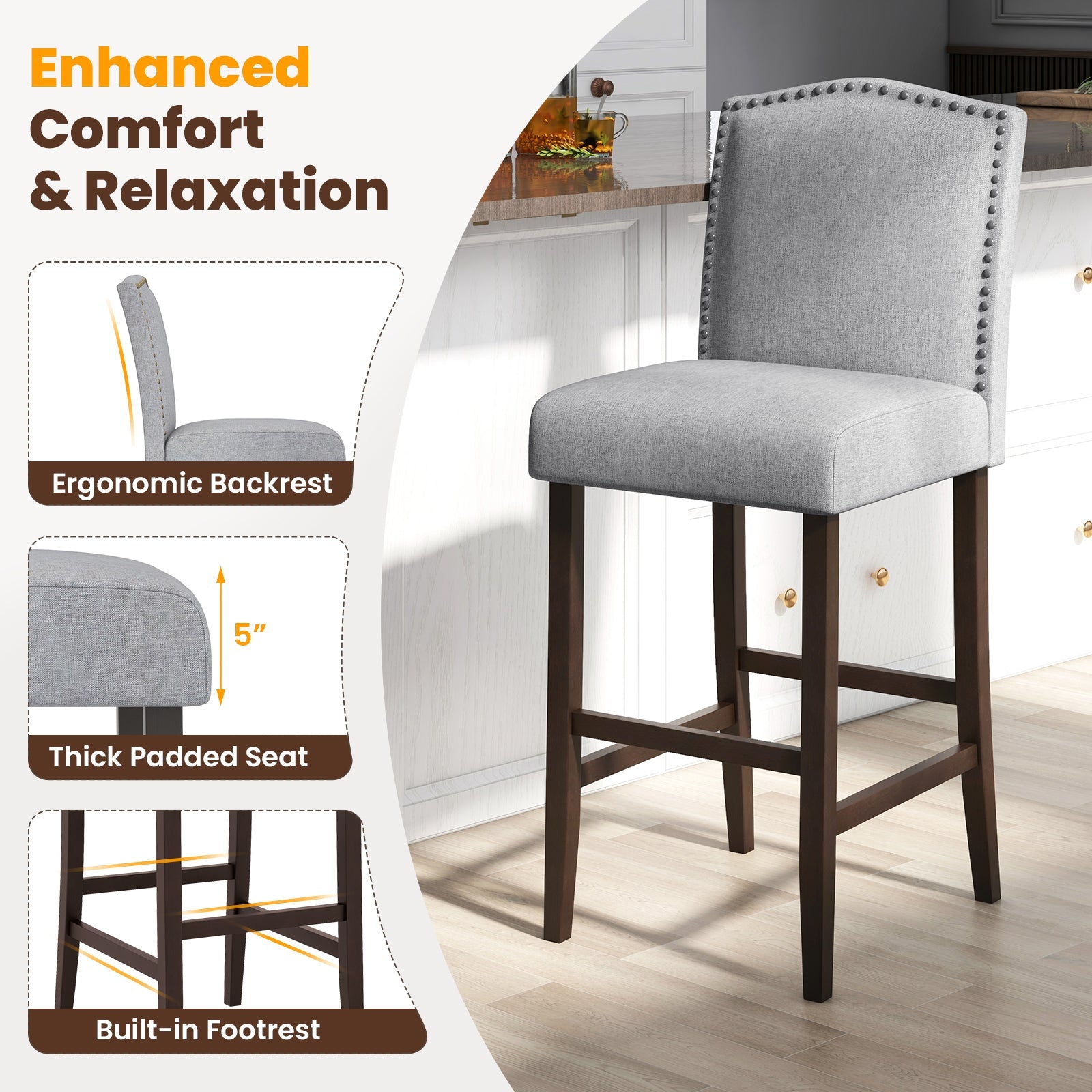 Set of 2 Bar Height Dining Side Barstools with Thick Cushion-Gray