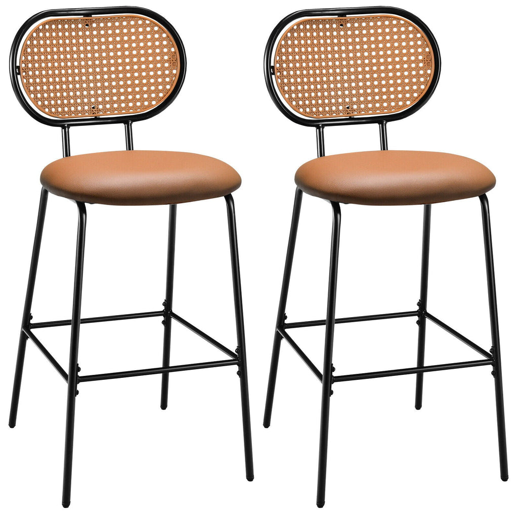 29.5 Inch Modern Faux Leather Bar Stools with Imitation Rattan Woven Backrest