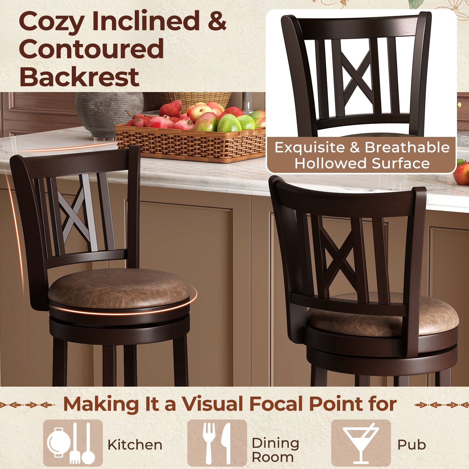 Set of 2 Bar Stools Swivel Bar Chairs with Footrest and Hollowed Backrest