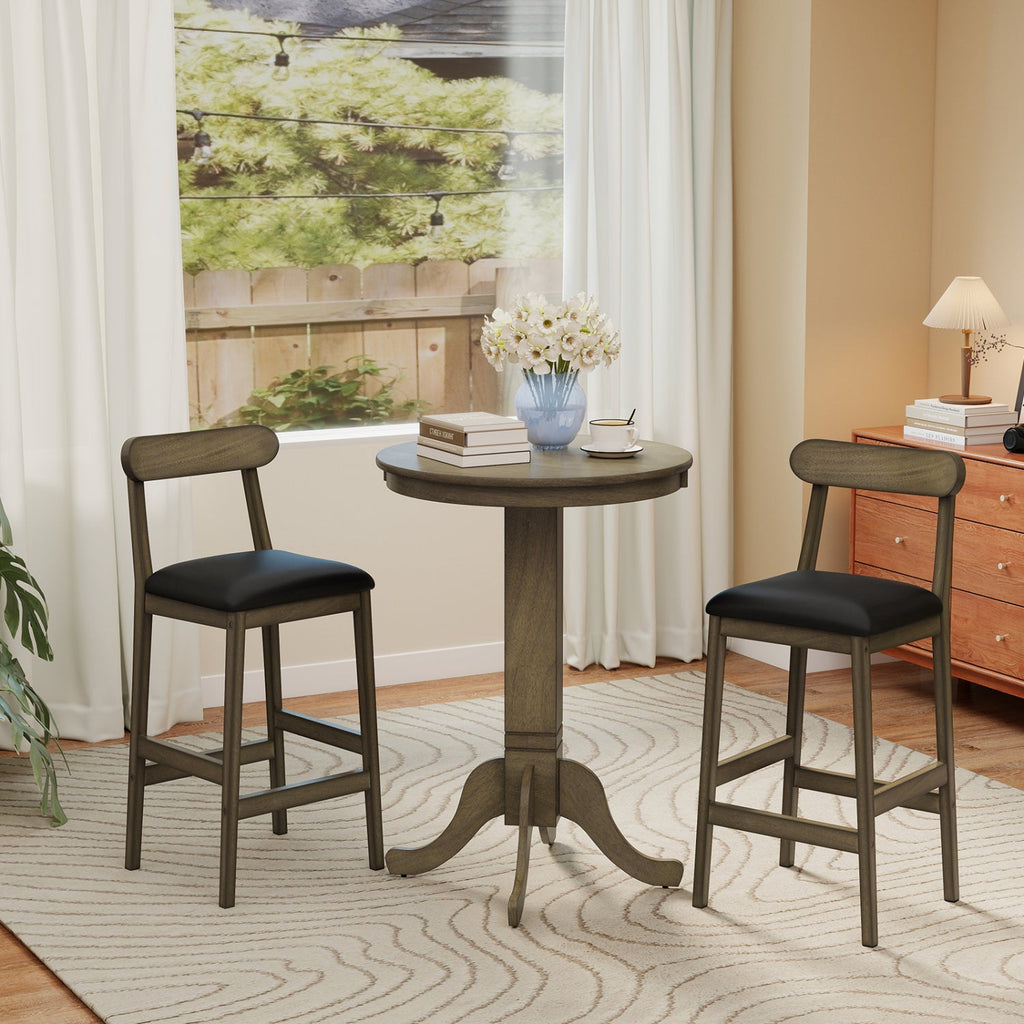 Set of 2 Bar Stools Upholstered with Rubber Wood Legs and Footrests-Oak