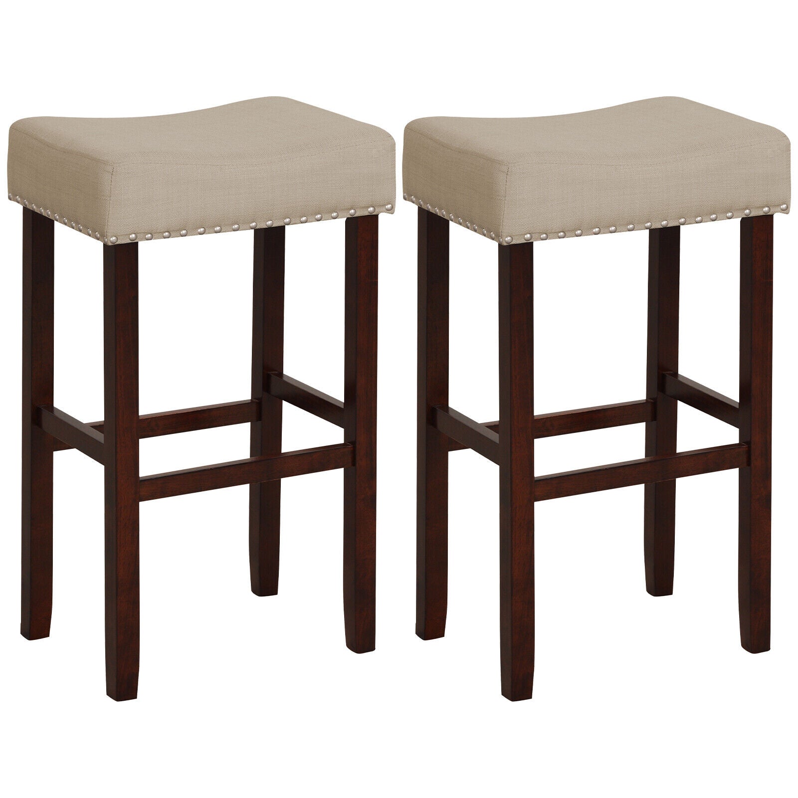 29 Inch Set of 2 Height Upholstered Bar Stool with Solid Rubber Wood Legs and Footrest-Gray