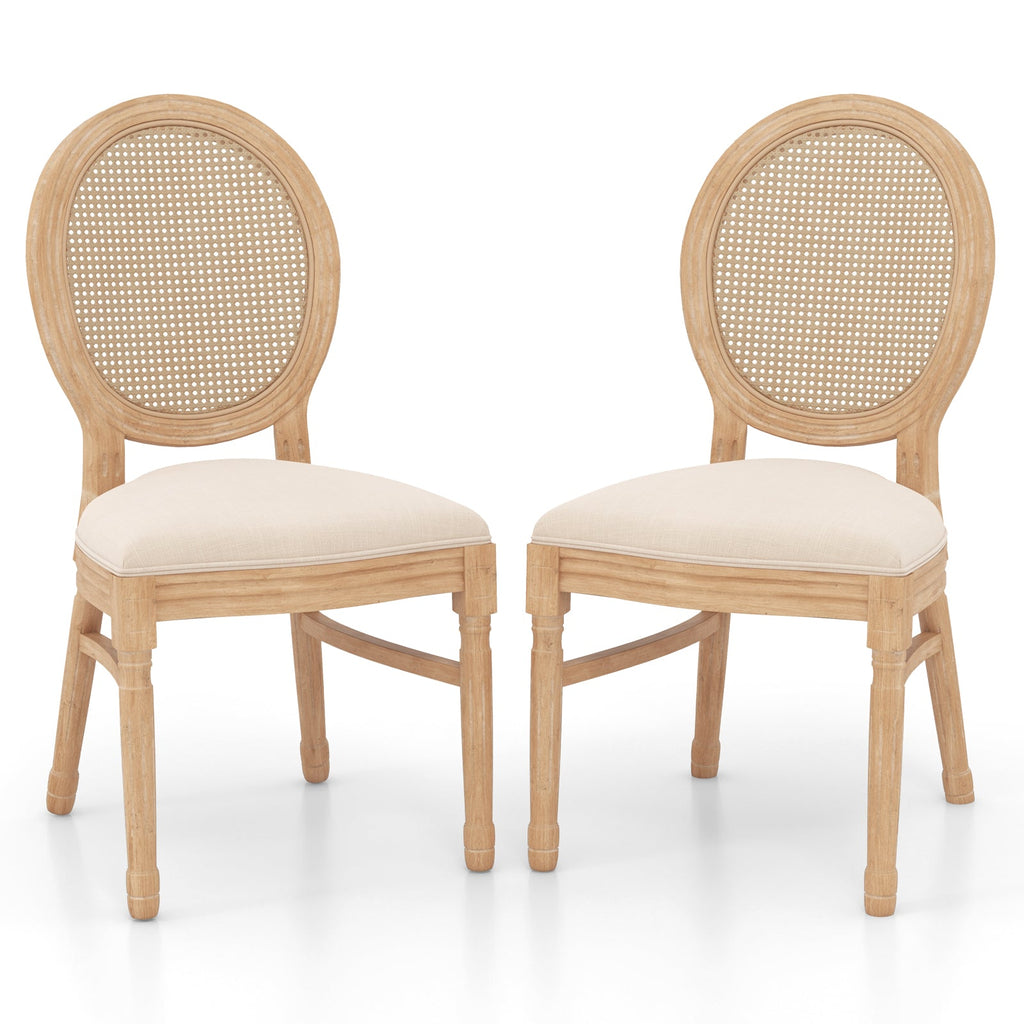 Set of 2 Dining Chairs French Style Kitchen Chair with Hand-Woven Rattan Backrest-Beige