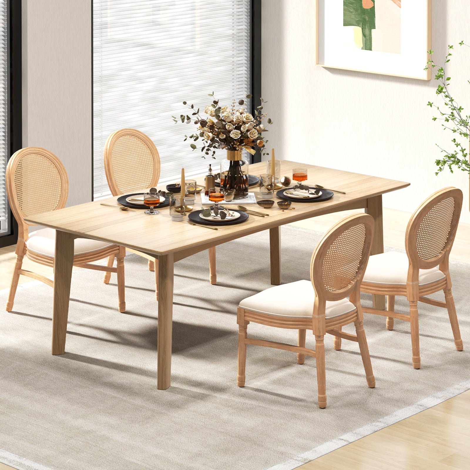 Set of 2 Dining Chairs French Style Kitchen Chair with Hand-Woven Rattan Backrest-Beige