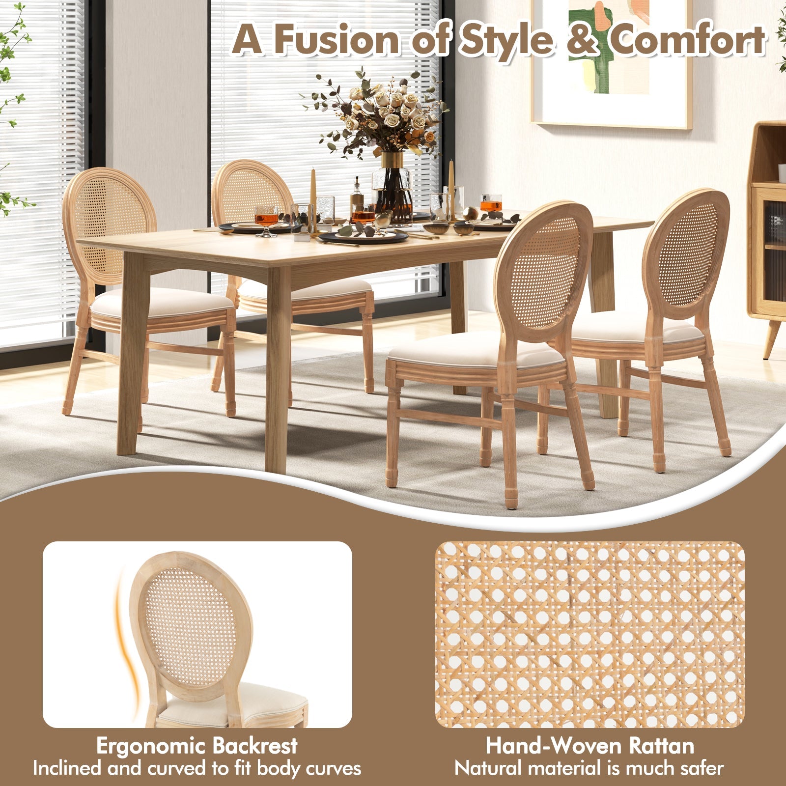 Set of 2 Dining Chairs French Style Kitchen Chair with Hand-Woven Rattan Backrest-Beige