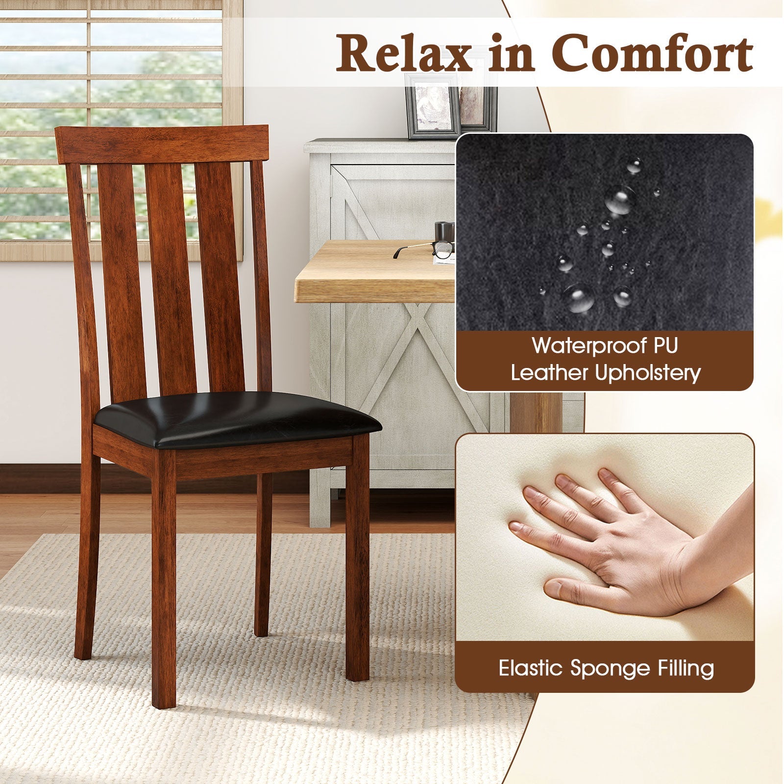 Set of 2 Dining Room Chairs with Rubber Wood Frame PU Leather Seat-Walnut