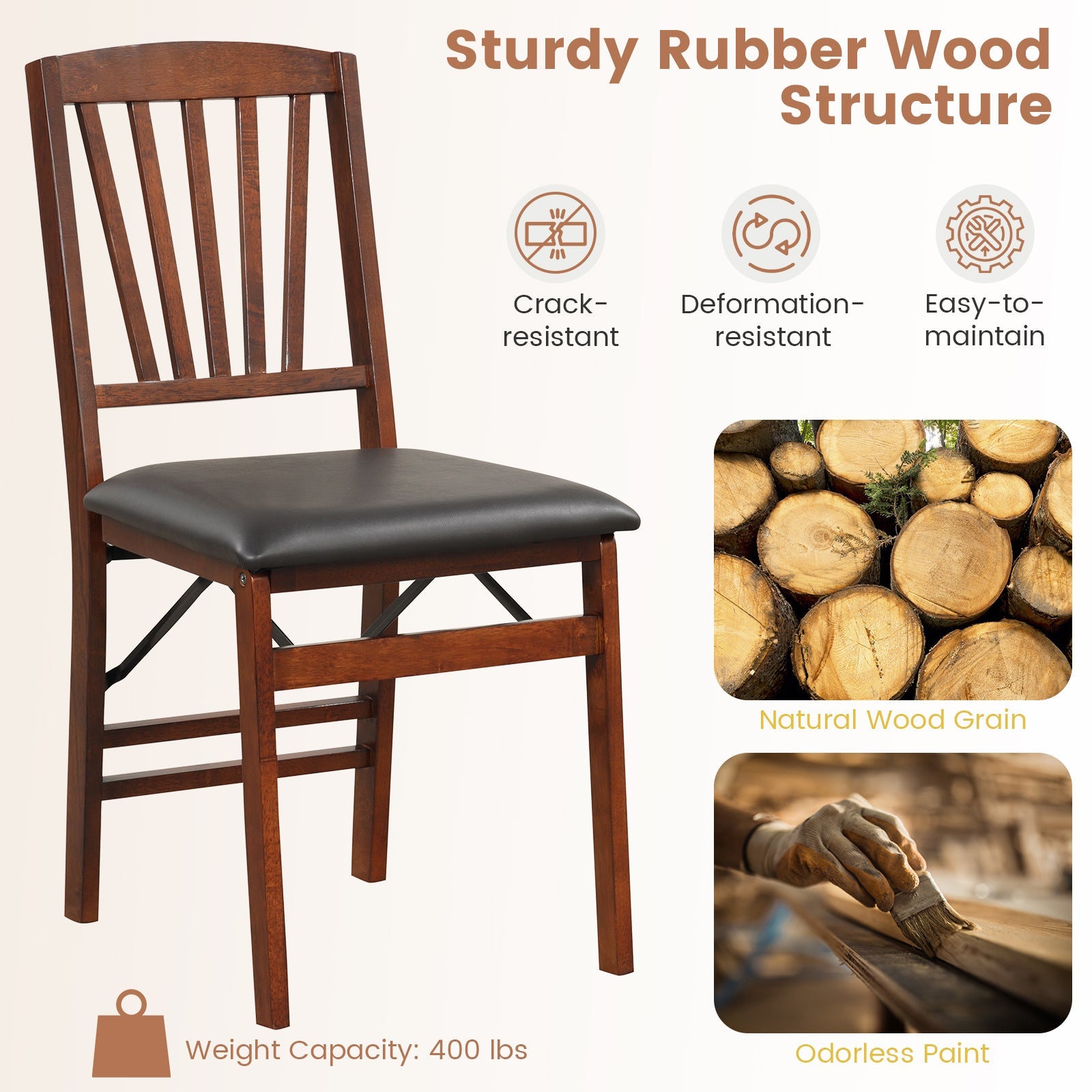 Set of 2 Folding Chairs with Padded Seat and Rubber Wood Frame-Brown
