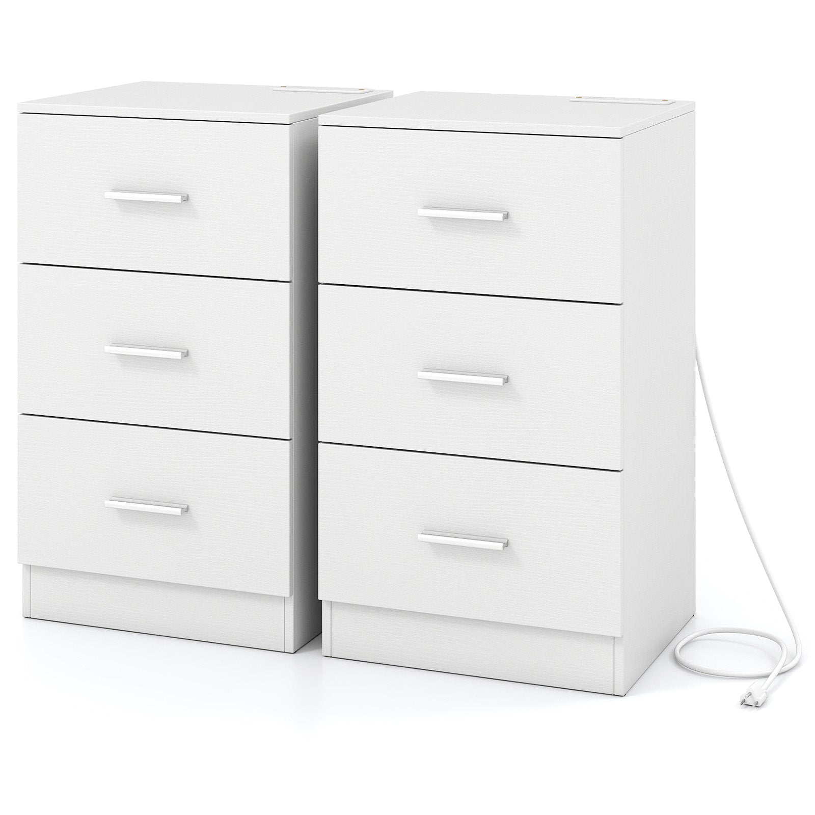 Set of 2 Nightstand with Charging Station End Table with 3 Storage Drawers Bedside Table for Bedroom