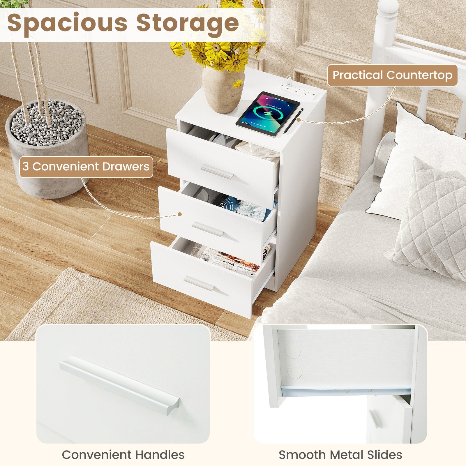 Set of 2 Nightstand with Charging Station End Table with 3 Storage Drawers Bedside Table for Bedroom