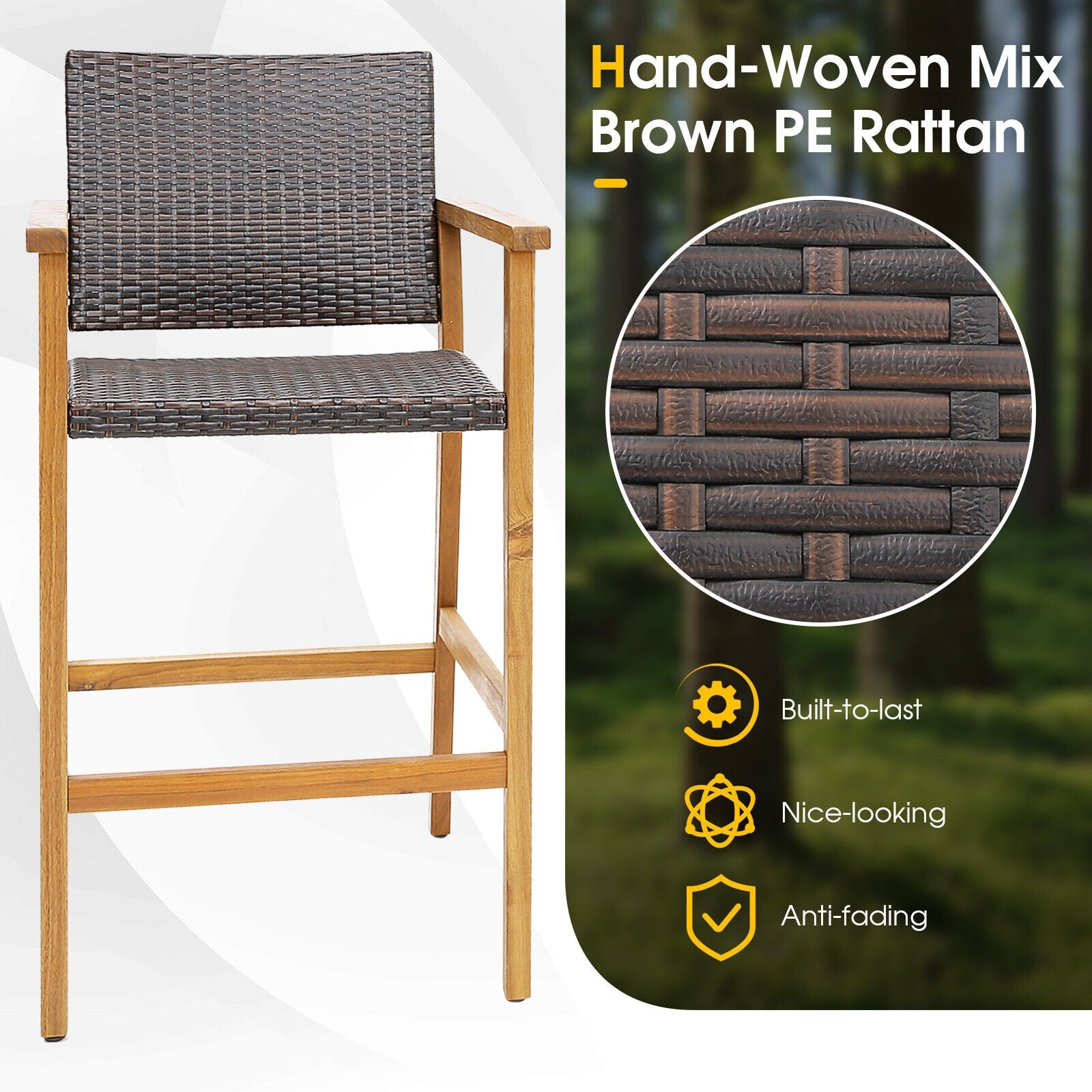 Set of 2 PE Wicker Patio Bar Chairs with Acacia Wood Armrests-Set of 2