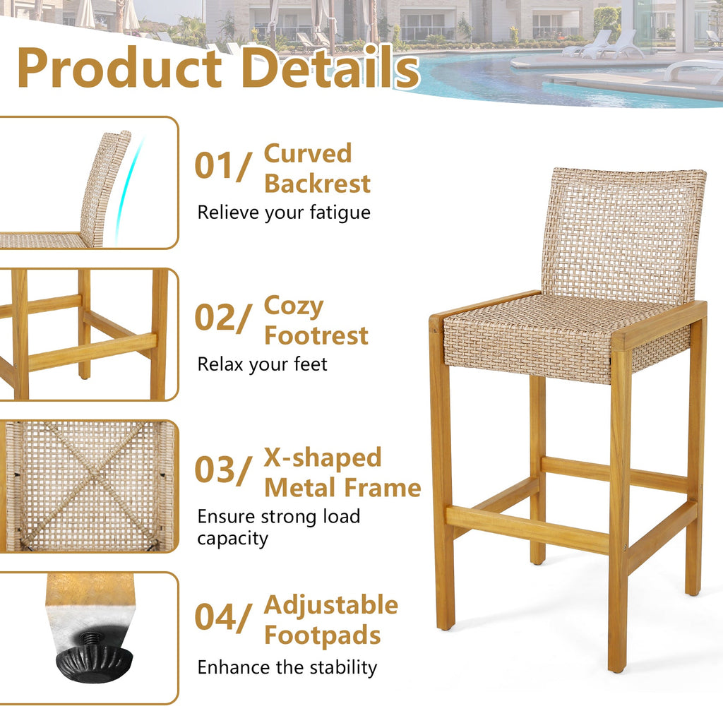 Set of 2 Rattan Patio Wood Barstools Dining Chairs with Backrest-Set of 2