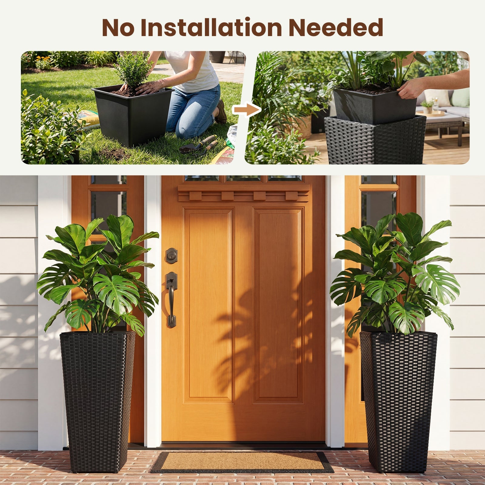 Set of 2 Rattan Tall Plant Pots with Detachable Plastic Liners-Black