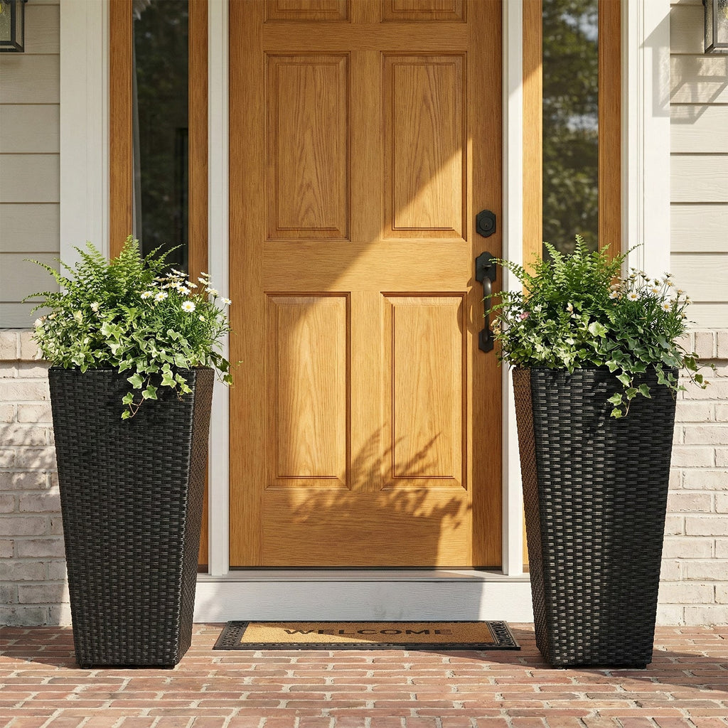Set of 2 Rattan Tall Plant Pots with Detachable Plastic Liners-Black