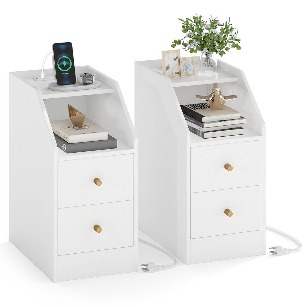 Set of 2 Side End Tables with Charging Station Sofa Couch Tables with Shelf Drawers