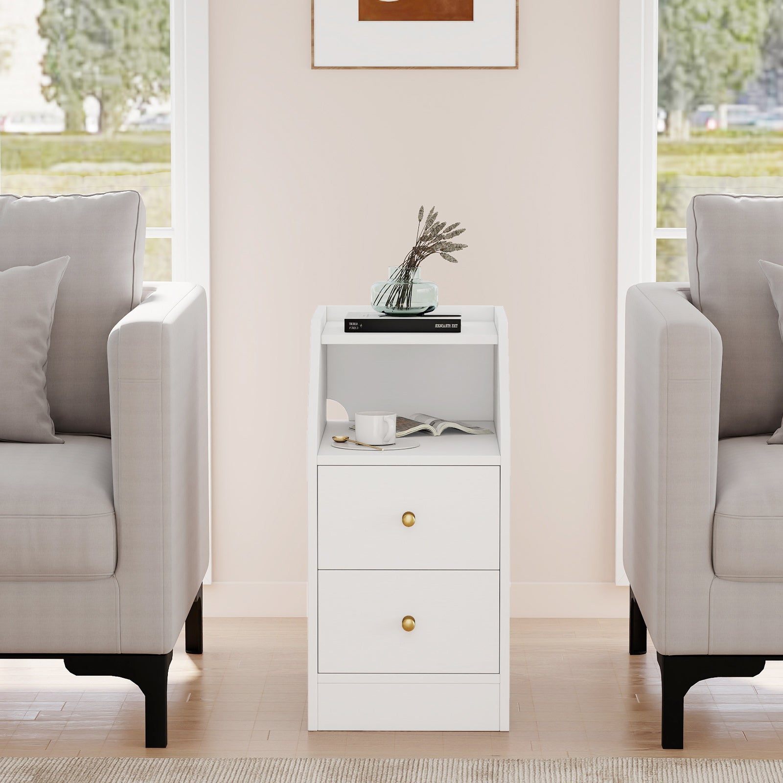 Set of 2 Side End Tables with Charging Station Sofa Couch Tables with Shelf Drawers