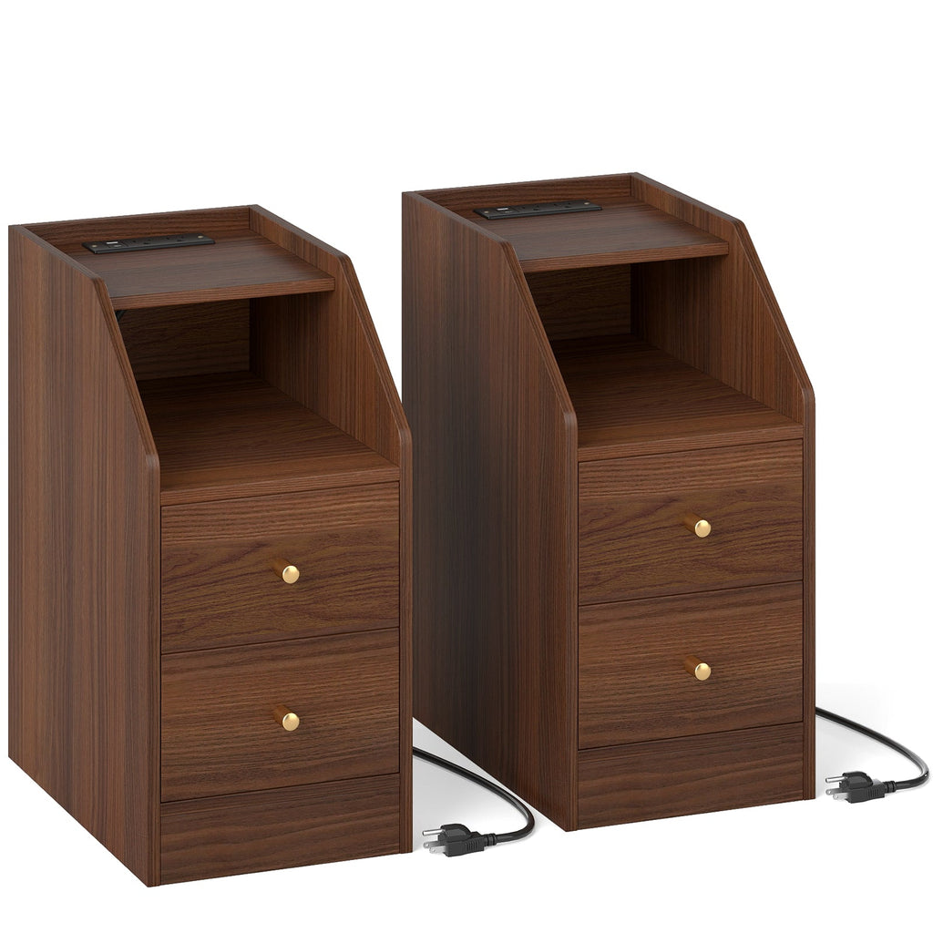 Set of 2 Side End Tables with Charging Station Sofa Couch Tables with Shelf Drawers