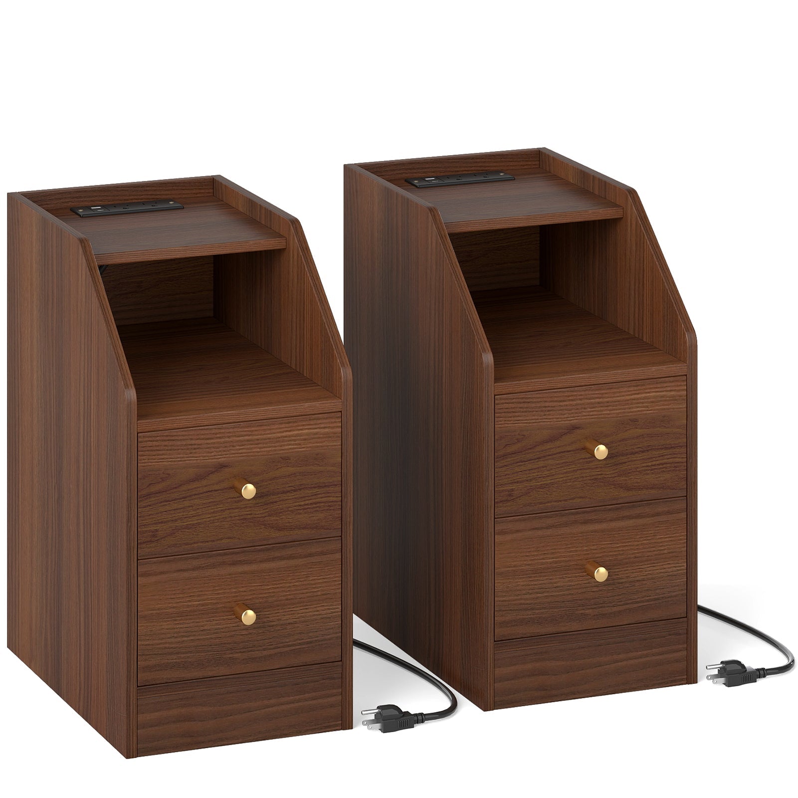 Set of 2 Side End Tables with Charging Station Sofa Couch Tables with Shelf Drawers