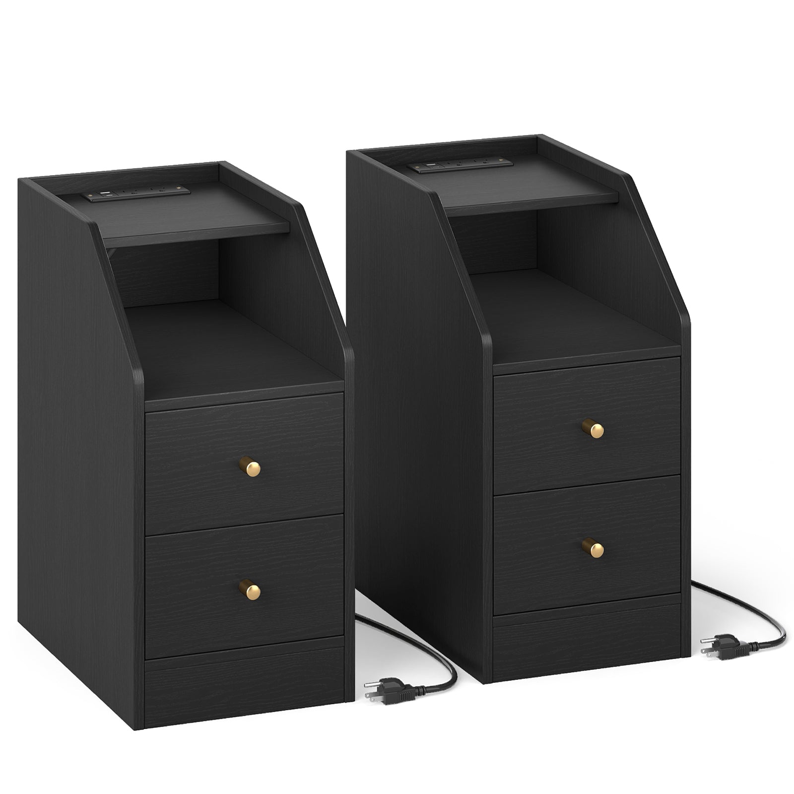 Set of 2 Side End Tables with Charging Station Sofa Couch Tables with Shelf Drawers