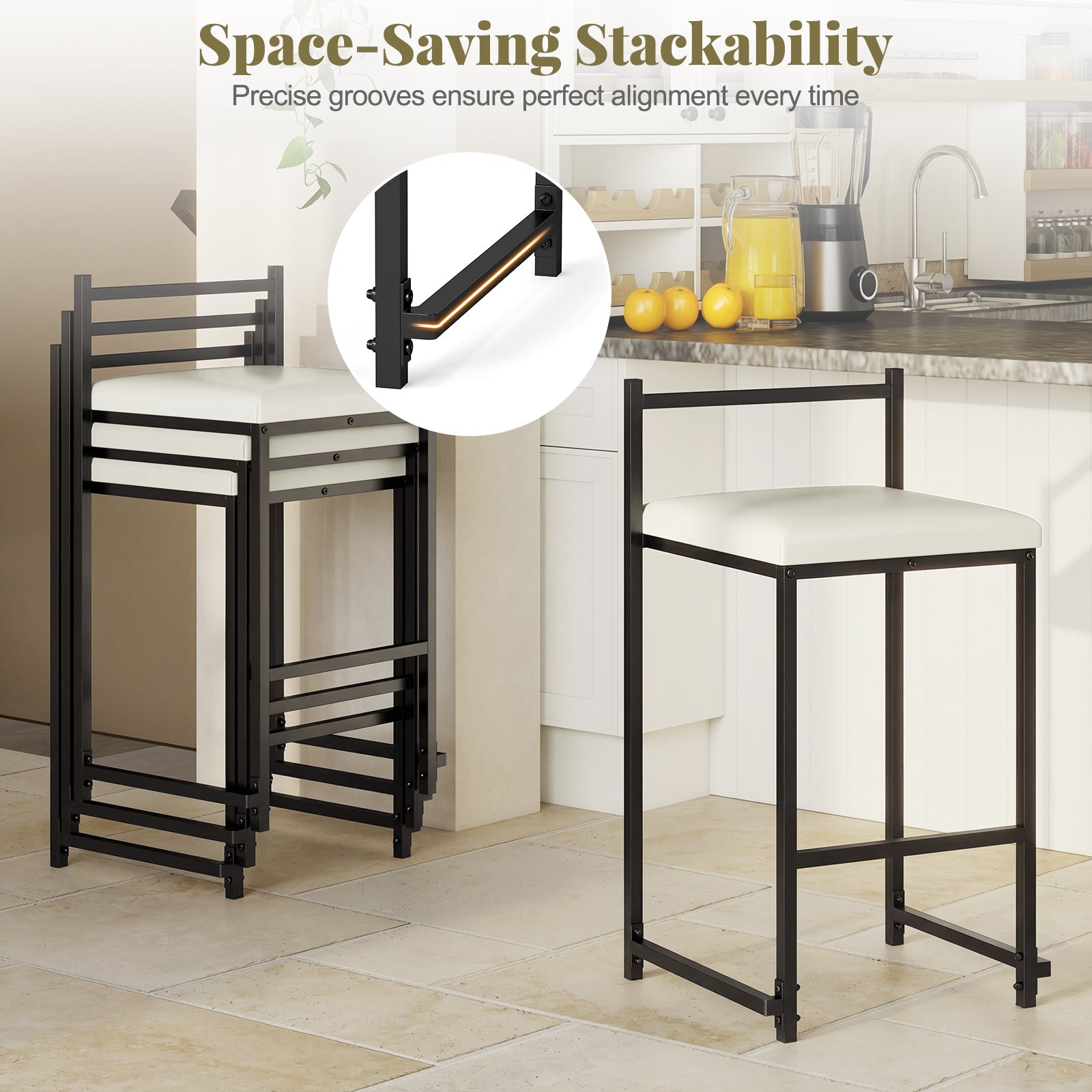 Set of 2 Stackable Counter Height Bar Stools PU Leather Upholstered with Footrest-Black