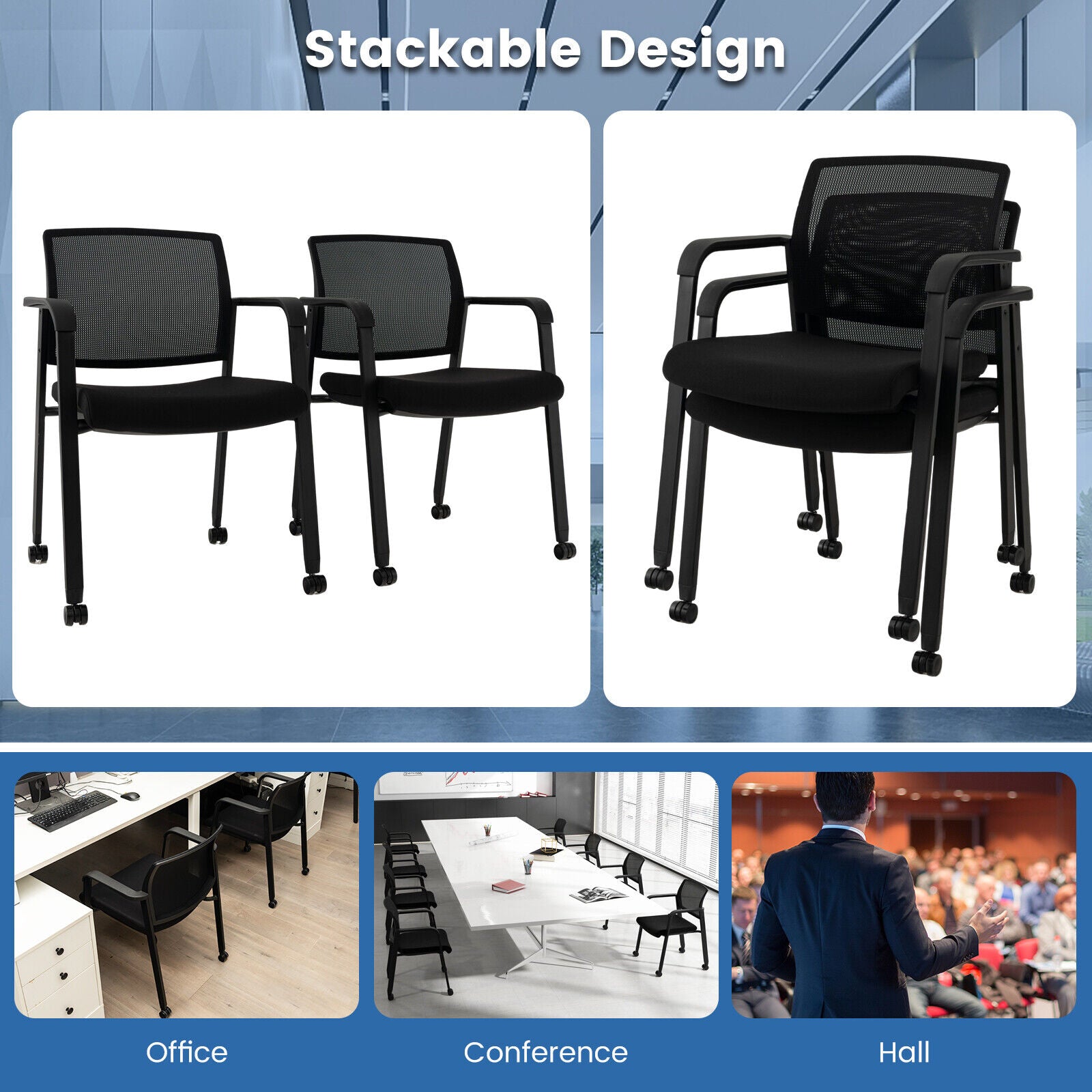 Set of 2 Stackable Rolling Office Chairs with Mesh Backrest
